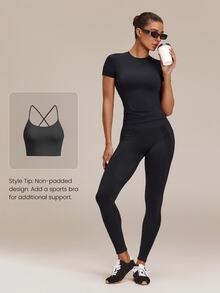 GLOWMODE Second-Skin Seamless Soft Focus Crew Neck Tee With Fitted Waist-Length Design Daily Casual Summer Wear - Black - View 5