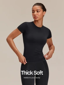GLOWMODE Second-Skin Seamless Soft Focus Crew Neck Tee With Fitted Waist-Length Design Daily Casual Summer Wear - Black - View 1