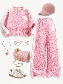 SHEIN 兒童青少年女孩休閒日常百搭舒適豹紋圓領賽馬圖案運動衫套裝 - 粉色 - 查看 4
