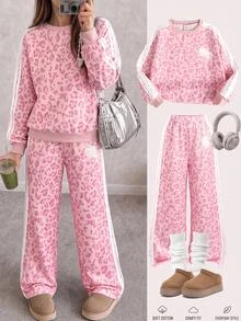 SHEIN 兒童青少年女孩休閒日常百搭舒適豹紋圓領賽馬圖案運動衫套裝 - 粉色 - 查看 1