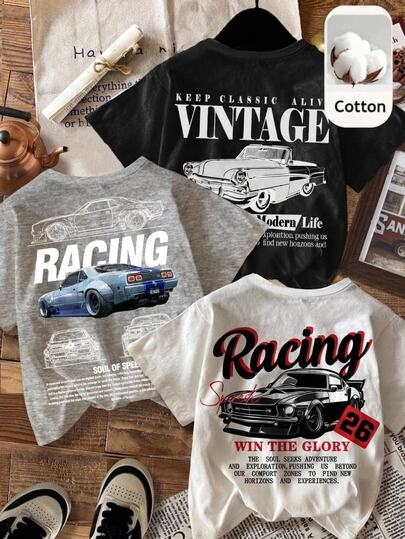 SHEIN 3pcs/Set Baby Boy Retro Car Graphic T-Shirts,White And Red,Summer,Street Life Casual Graphic Street Fashion,Carrer Day,Back-To-School Y2K Loose Tops