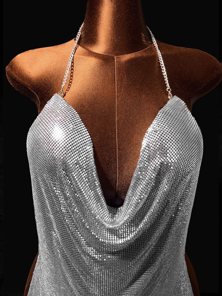 SHEIN Unity Sexy Draped Collar Backless Split Thigh Metallic Halter Dress For New Year Holiday Party Clothes Metallic Women Outfit - Silver - View 8