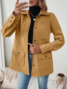 SHEIN PariChic 1pc Women Plain Color Button Front Long Sleeve Pocket Casual Jacket Fall Winter Cloth For Women - Khaki - View 7
