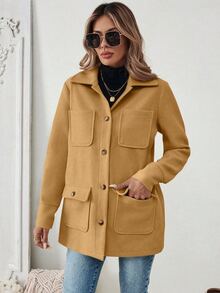 SHEIN PariChic 1pc Women Plain Color Button Front Long Sleeve Pocket Casual Jacket Fall Winter Cloth For Women - Khaki - View 4