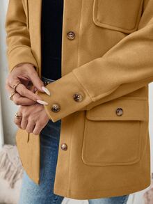 SHEIN PariChic 1pc Women Plain Color Button Front Long Sleeve Pocket Casual Jacket Fall Winter Cloth For Women - Khaki - View 8