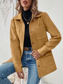 SHEIN PariChic 1pc Women Plain Color Button Front Long Sleeve Pocket Casual Jacket Fall Winter Cloth For Women - Khaki - View 6