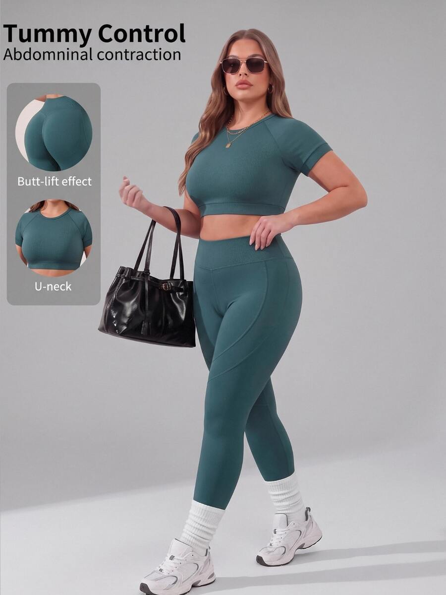 Slayform Slayform Plus Size 2-Piece Sports Set Fashion Tight Fit Round Neck Short Sleeve Top And Butt-Lifting Long Pants With Side Pockets Slimming Lines Base Layer Workout Outfit - Green - View 1