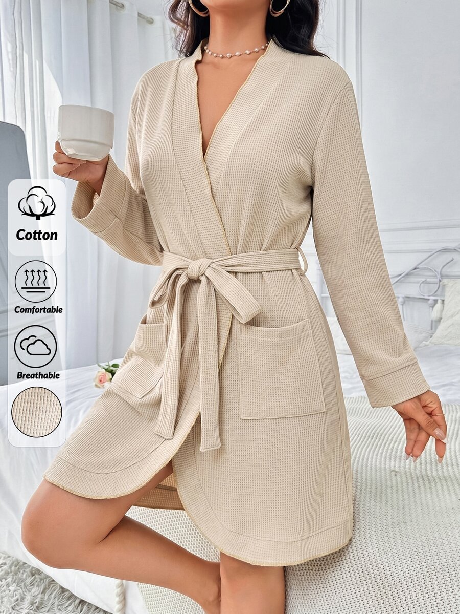 SHEIN Cottnline طقم منزلي مريح من القطن المنسوج بنسيج الفوطة مع جيب وتفاصيل كشكشة وحزام، مناسب للنساء ذوات القامة القصيرة