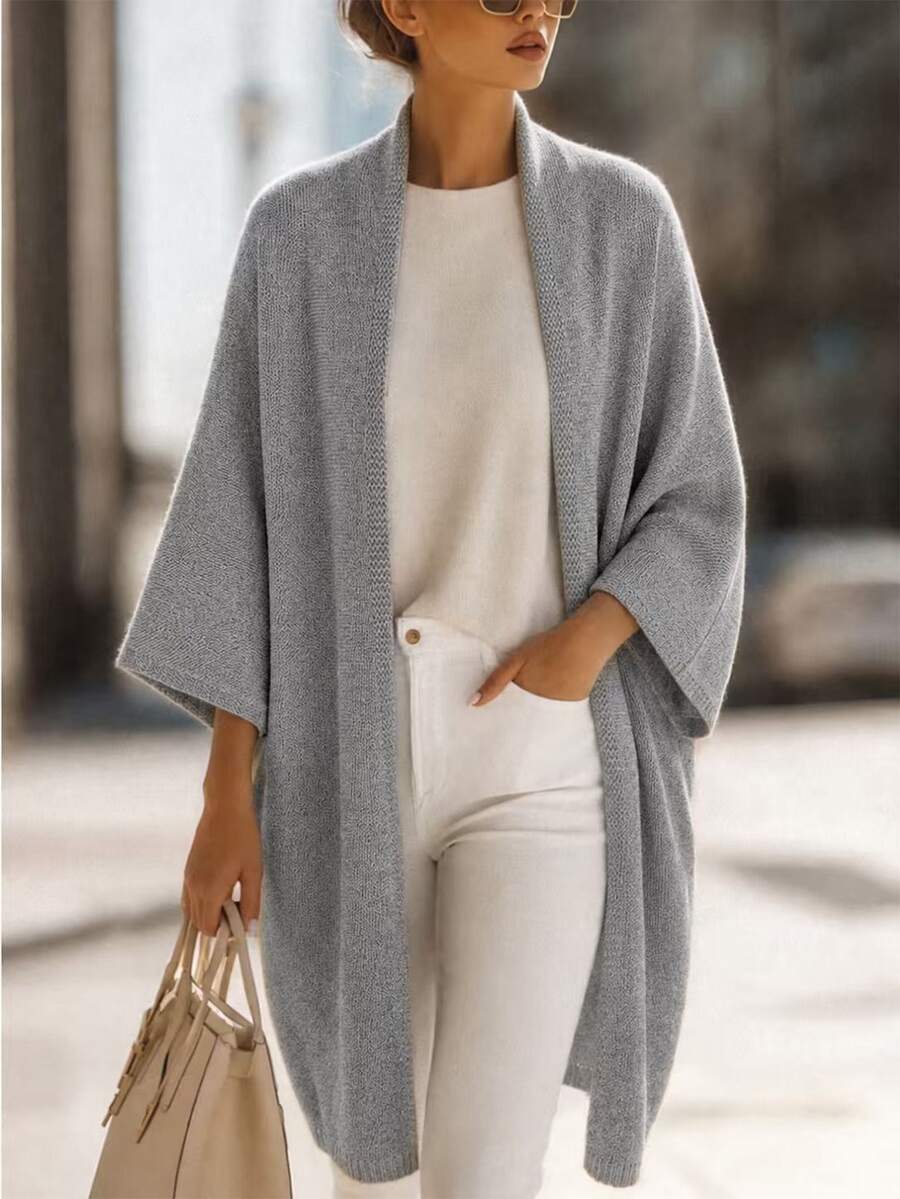 Balvessa Women's Solid Color Drop Shoulder Loose Knit Thin Cardigan - Light Grey - View 1