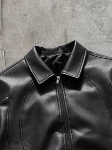 AXEPEAK Men's Fashion Versatile PU Material Zipper Long Sleeve Jacket - Black - View 4