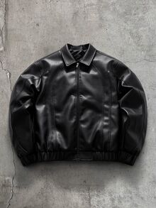 AXEPEAK Men's Fashion Versatile PU Material Zipper Long Sleeve Jacket - Black - View 2
