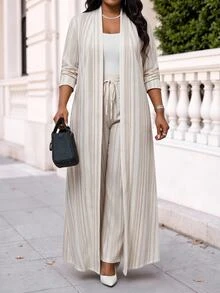 SHEIN Lady 大尺碼時尚通勤條紋夾克與長褲兩件套 秋季 - 彩色 - 查看 6