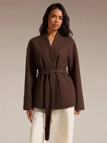 COSMINA Women's Solid Color Long Sleeve Knotted Waist Casual Overcoat - Olive Green - View 6