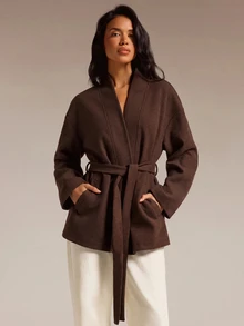 COSMINA Women's Solid Color Long Sleeve Knotted Waist Casual Overcoat - Olive Green - View 5