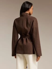 COSMINA Women's Solid Color Long Sleeve Knotted Waist Casual Overcoat - Olive Green - View 2