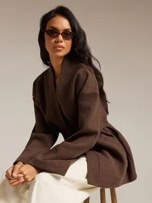 COSMINA Women's Solid Color Long Sleeve Knotted Waist Casual Overcoat - Olive Green - View 3