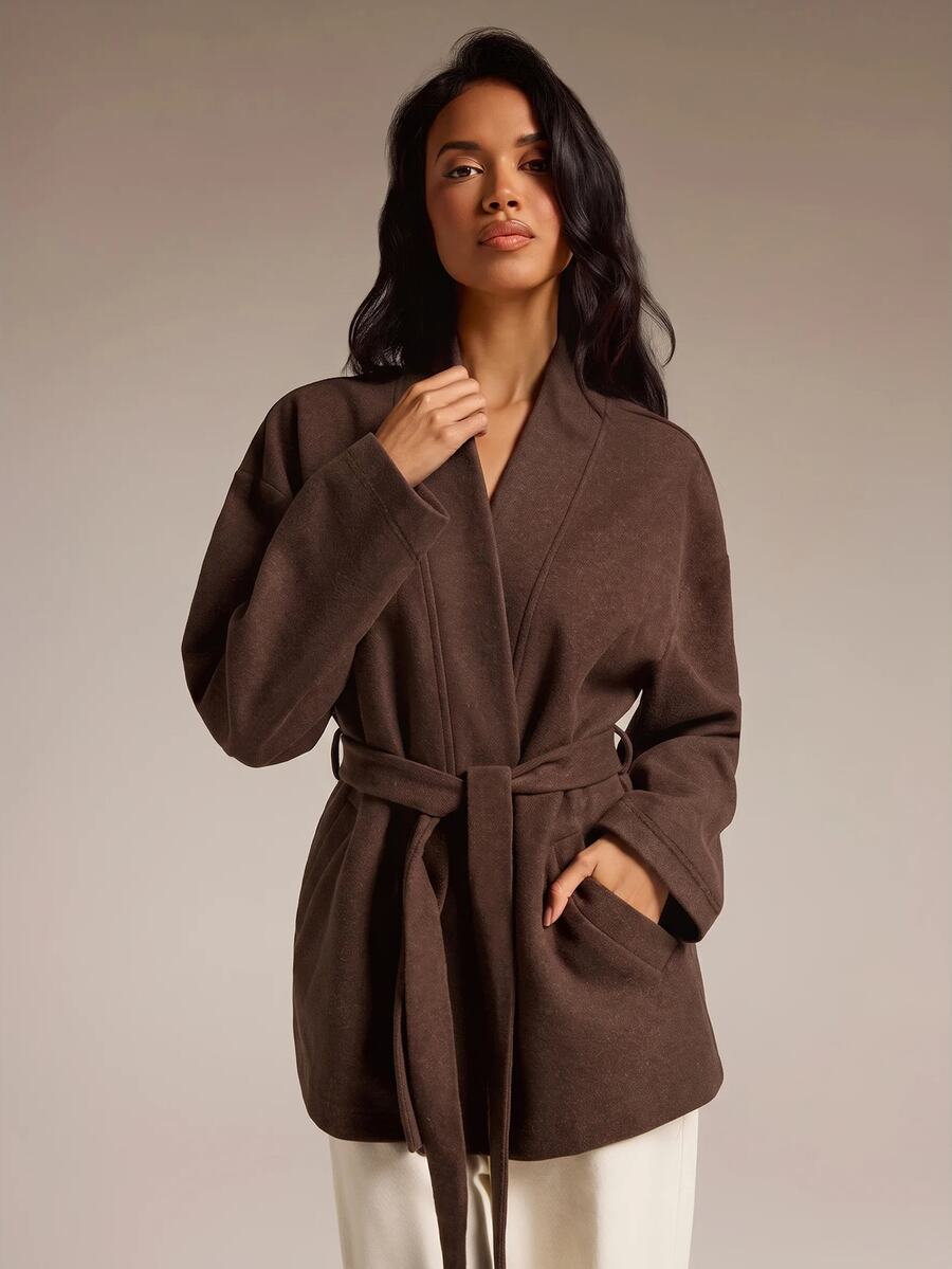 COSMINA Women's Solid Color Long Sleeve Knotted Waist Casual Overcoat - Olive Green - View 1