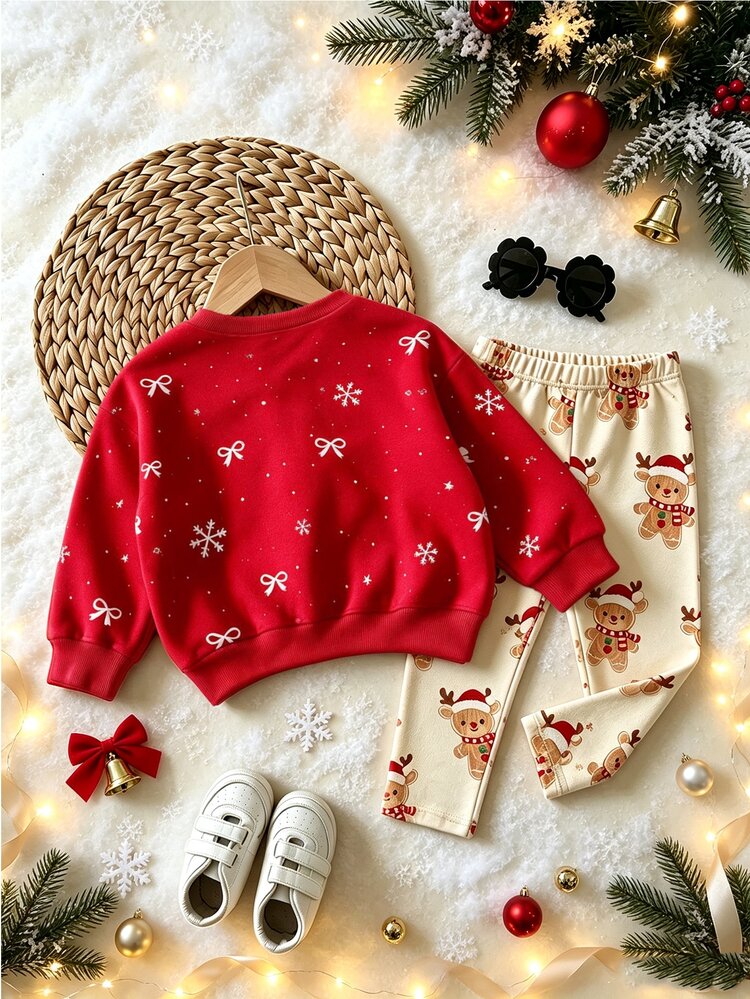 Girls 2pcs Christmas Gingerbread & Deer Print Set, Round Neck Long Sleeve Sweatshirt & All-Over Print Leggings, Young Girl Holiday Casual Outfit - Multicolor - View 3