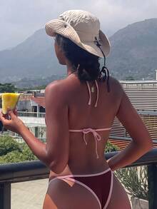 SHEIN Swim 女款夏季海灘拼色掛脖綁帶性感比基尼三角褲兩件式泳衣套裝 - 酒紅色 - 查看 9