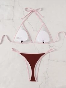 SHEIN Swim 女款夏季海灘拼色掛脖綁帶性感比基尼三角褲兩件式泳衣套裝 - 酒紅色 - 查看 2