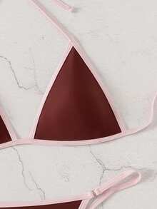 SHEIN Swim 女款夏季海灘拼色掛脖綁帶性感比基尼三角褲兩件式泳衣套裝 - 酒紅色 - 查看 4