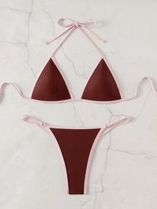 SHEIN Swim 女款夏季海灘拼色掛脖綁帶性感比基尼三角褲兩件式泳衣套裝 - 酒紅色 - 查看 3