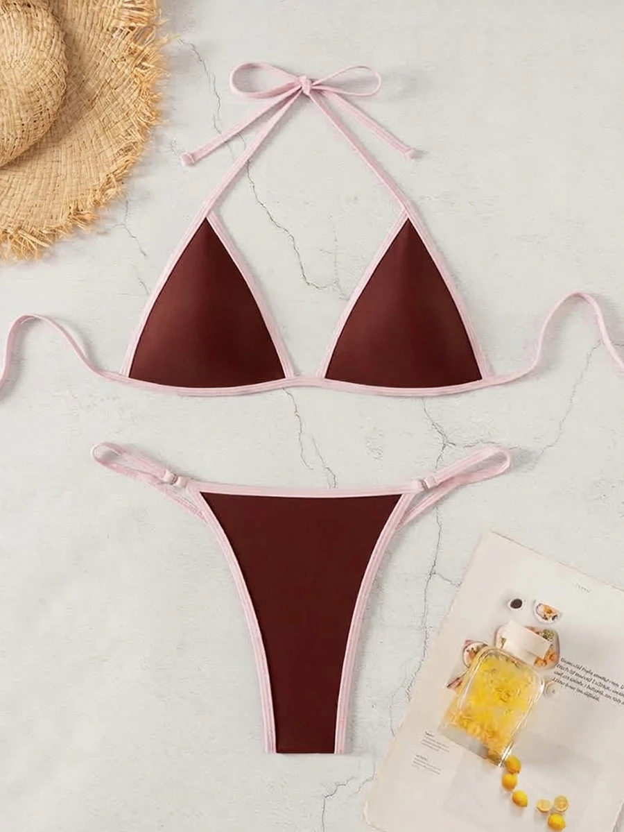SHEIN Swim 女款夏季海灘拼色掛脖綁帶性感比基尼三角褲兩件式泳衣套裝 - 酒紅色 - 查看 1
