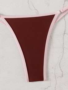 SHEIN Swim 女款夏季海灘拼色掛脖綁帶性感比基尼三角褲兩件式泳衣套裝 - 酒紅色 - 查看 5