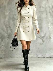 SHEIN Women's Autumn And Winter Long-Sleeve Short Dress, Standing Collar + High Waist A-Line Short Silhouette, Crisp Anti-Twist Fabric, Suitable For Commuti - Beige - View 1