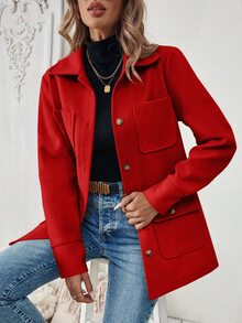 SHEIN PariChic Women Casual Solid Color Patchwork Multiple Pocket Single-Breasted Jacket, Autumn/Winter For New Year Clothes Fall Cloth For Women - Red - View 3