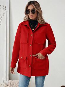 SHEIN PariChic Women Casual Solid Color Patchwork Multiple Pocket Single-Breasted Jacket, Autumn/Winter For New Year Clothes Fall Cloth For Women - Red - View 4