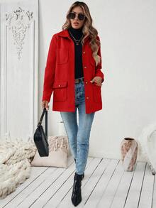 SHEIN PariChic Women Casual Solid Color Patchwork Multiple Pocket Single-Breasted Jacket, Autumn/Winter For New Year Clothes Fall Cloth For Women - Red - View 8