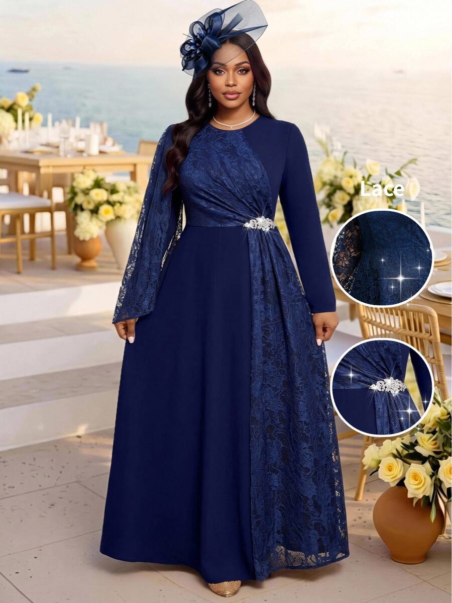 Fleurora Plus Size Elegant Party Lace Patchwork Dress Fall - Navy Blue - View 1