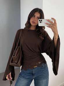 Siren Gaze Women's Solid Color Boat Neck Waist Ruched Lace Patchwork Hem Long Sleeve T-Shirt Dark Brown Fall Elegant Casual Dinner Everyday - Chocolate Brown - View 3