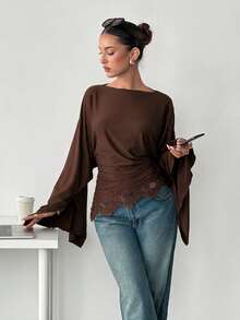 Siren Gaze Women's Solid Color Boat Neck Waist Ruched Lace Patchwork Hem Long Sleeve T-Shirt Dark Brown Fall Elegant Casual Dinner Everyday - Chocolate Brown - View 1