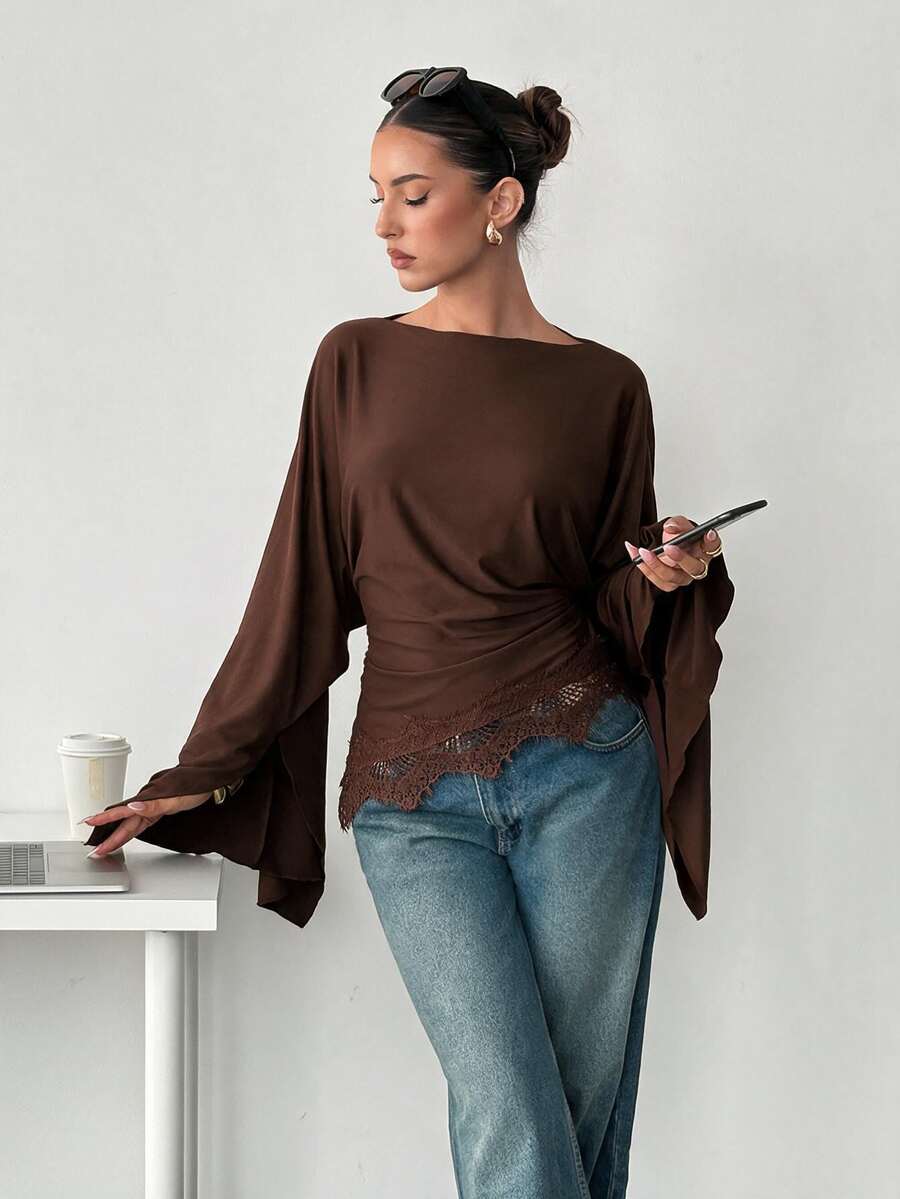 Siren Gaze Women's Solid Color Boat Neck Waist Ruched Lace Patchwork Hem Long Sleeve T-Shirt Dark Brown Fall Elegant Casual Dinner Everyday - Chocolate Brown - View 1
