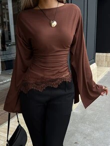 Siren Gaze Women's Solid Color Boat Neck Waist Ruched Lace Patchwork Hem Long Sleeve T-Shirt Dark Brown Fall Elegant Casual Dinner Everyday - Chocolate Brown - View 4