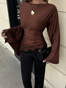Siren Gaze Women's Solid Color Boat Neck Waist Ruched Lace Patchwork Hem Long Sleeve T-Shirt Dark Brown Fall Elegant Casual Dinner Everyday - Chocolate Brown - View 7