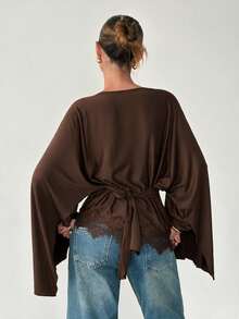 Siren Gaze Women's Solid Color Boat Neck Waist Ruched Lace Patchwork Hem Long Sleeve T-Shirt Dark Brown Fall Elegant Casual Dinner Everyday - Chocolate Brown - View 2