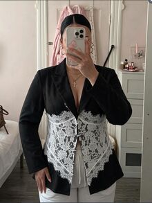 SHEIN MOD 大尺碼女款對比蕾絲長袖優雅休閒西裝外套，適合外出、夜晚派對、節慶穿搭，黑色/白色，秋季 - 黑與白 - 查看 1