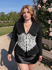 SHEIN MOD 大尺碼女款對比蕾絲長袖優雅休閒西裝外套，適合外出、夜晚派對、節慶穿搭，黑色/白色，秋季 - 黑與白 - 查看 6