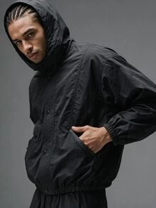 AXEPEAK Men's Woven Fashion Casual Loose Fit Patchwork Open Front Jacket - Black - View 1