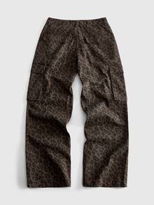 ROMWE MEN Men Leopard Print Flap Pocket Cargo Jeans - Coffee Brown - View 3