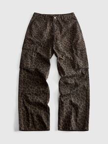 ROMWE MEN Men Leopard Print Flap Pocket Cargo Jeans - Coffee Brown - View 2