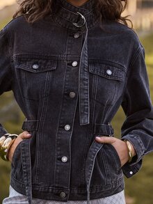 Aralina Women's Washed Black Denim Moto Jacket With Stand Collar And Belted Sinched Waist Perfect For A Fall Party Or Going Out Event - Dark Grey - View 4