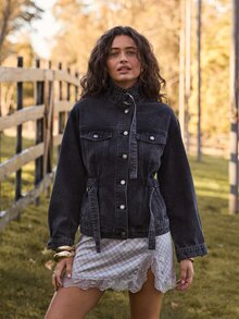 Aralina Women's Washed Black Denim Moto Jacket With Stand Collar And Belted Sinched Waist Perfect For A Fall Party Or Going Out Event - Dark Grey - View 7