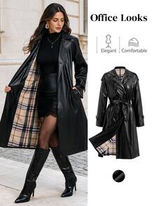 SHEIN Clasi Women's Solid Color PU Leather Fashion Versatile Daily Casual Trench Coat Jacket - Black - View 1