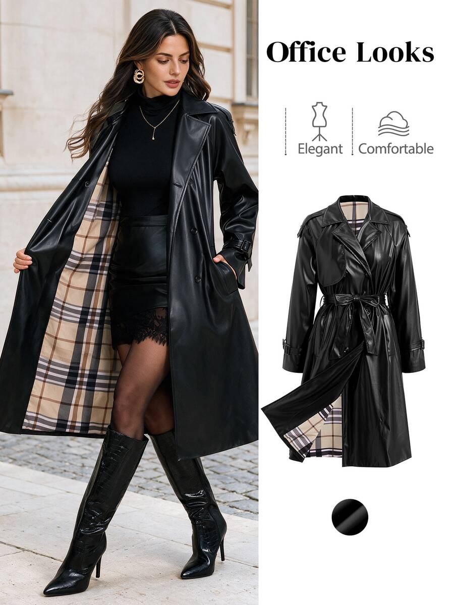 SHEIN Clasi Women's Solid Color PU Leather Fashion Versatile Daily Casual Trench Coat Jacket - Black - View 1
