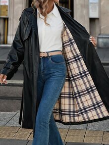 SHEIN Clasi Women's Solid Color PU Leather Fashion Versatile Daily Casual Trench Coat Jacket - Black - View 3
