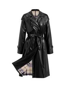 SHEIN Clasi Women's Solid Color PU Leather Fashion Versatile Daily Casual Trench Coat Jacket - Black - View 7